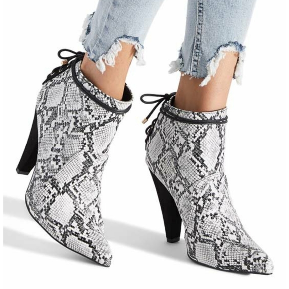 Shoe Dazzle Shoes - White and black snake embossed bootie